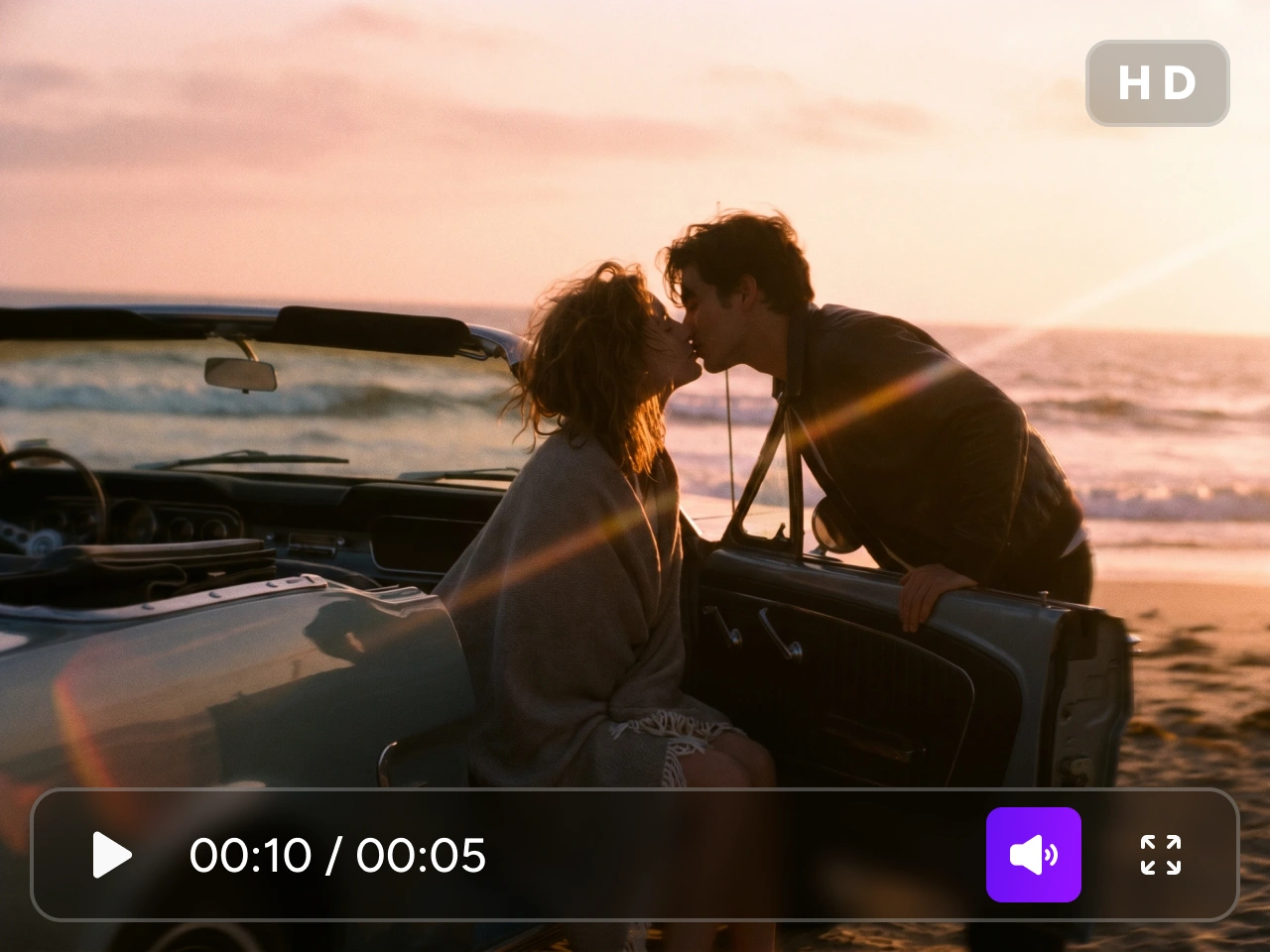 Herramientas de video con IA generando clips de parejas besándose en la playa al atardecer