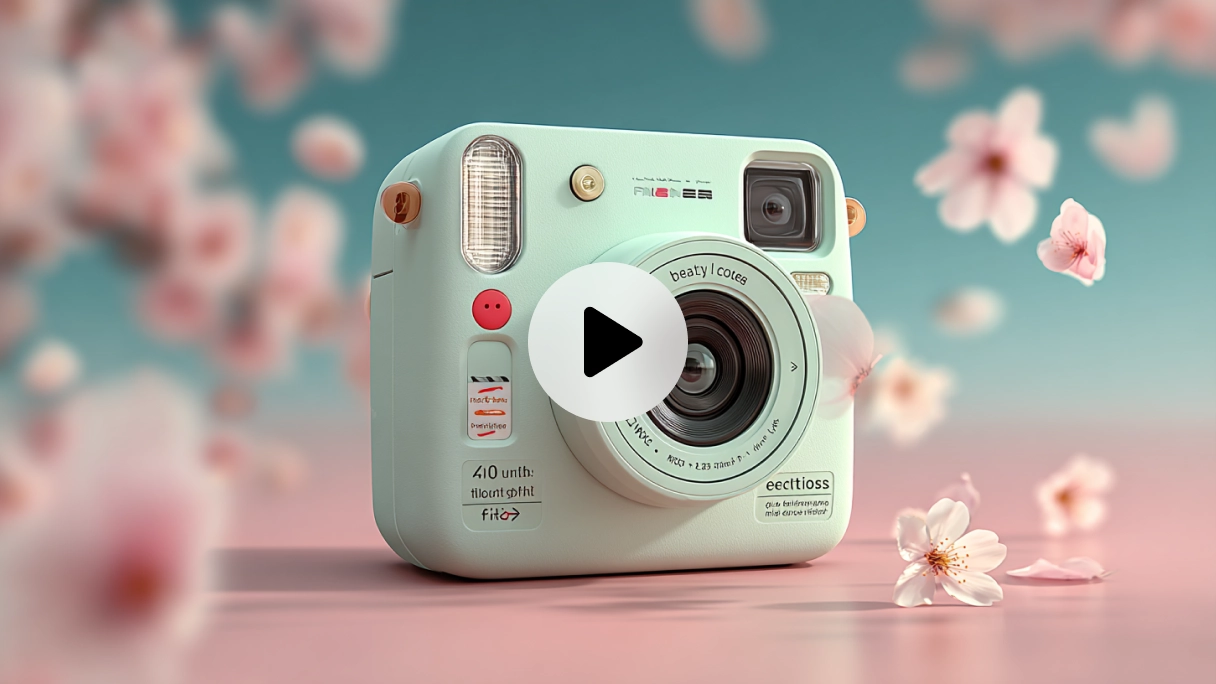a mint green retro-style instant camera surrounded by falling pink cherry blossoms
