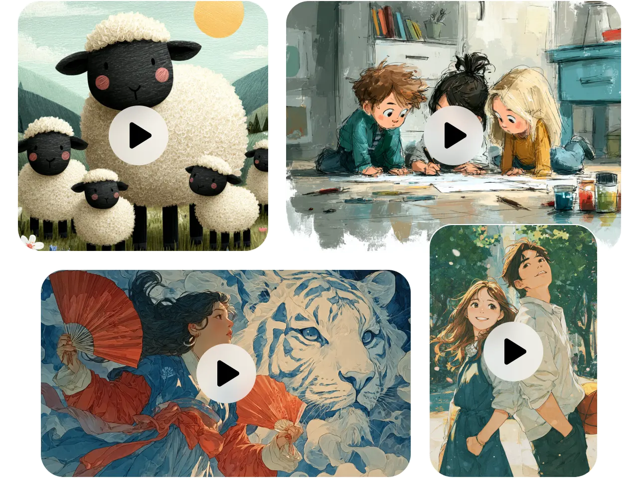 a collage of four ai-generated illustrations featuring sheep, children drawing, and anime-style art
