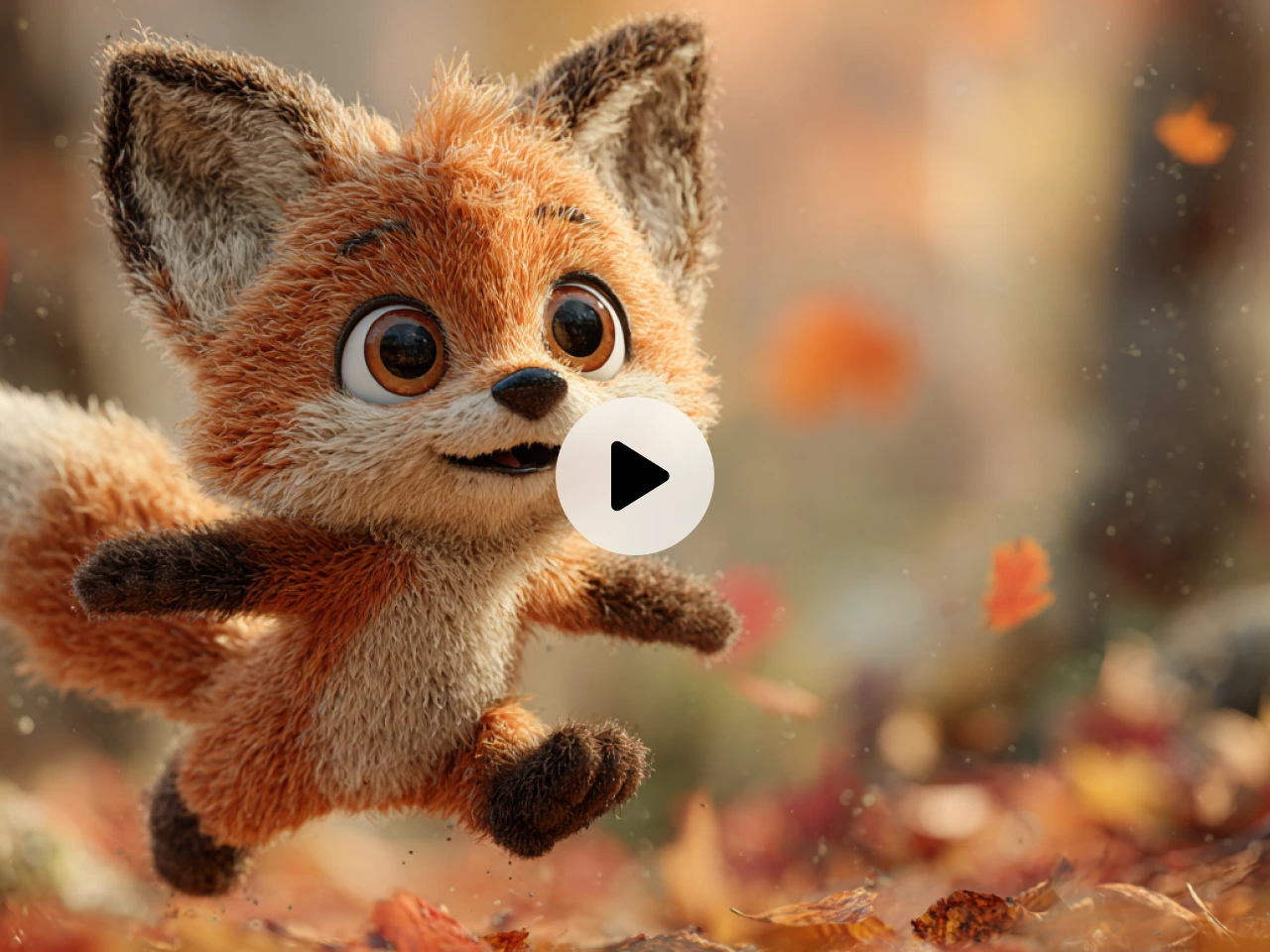 adorable 3d animated baby fox running through autumn leaves
