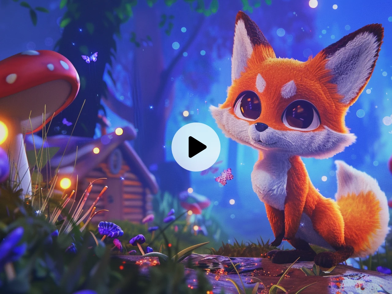 an adorable cartoon fox in a glowing fairytale forest
