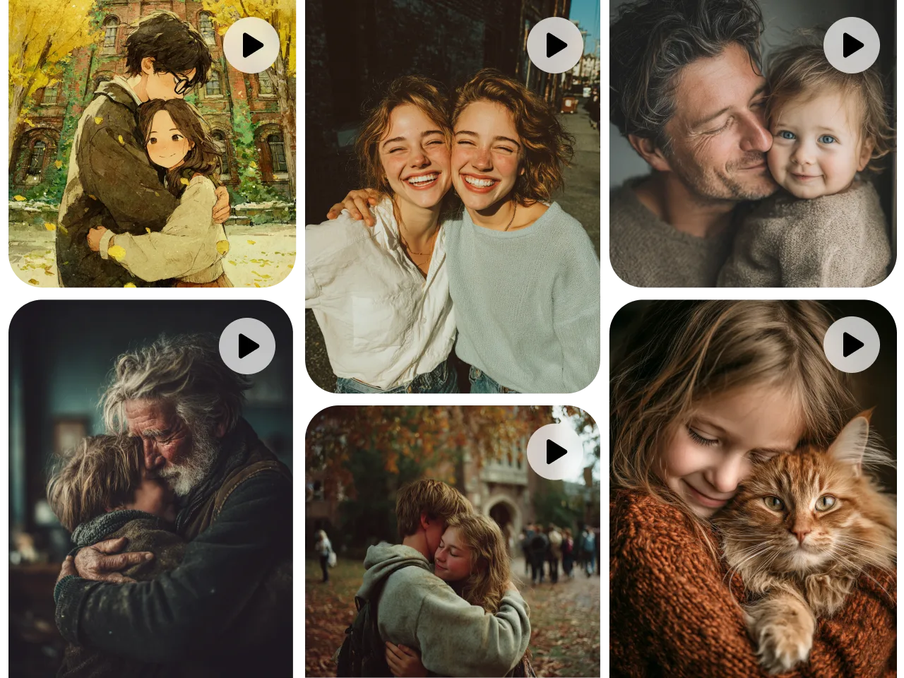 AI-generated hugging videos in various scenes