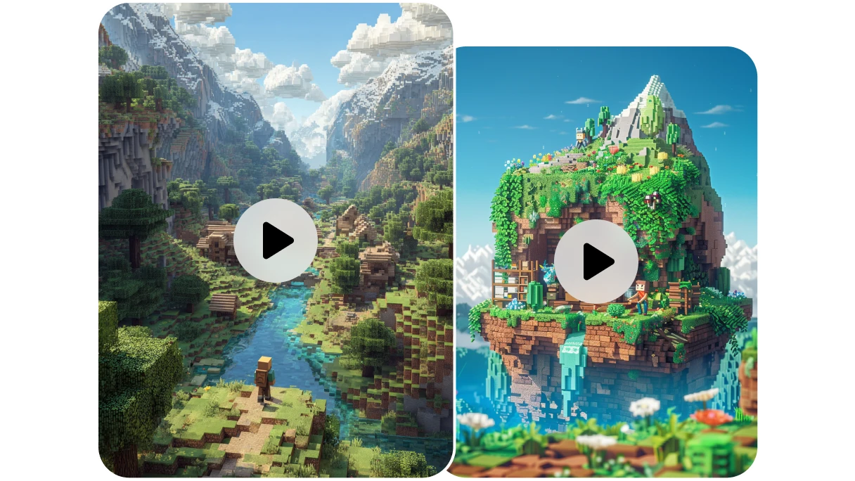 two minecraft-style 3d landscapes: a lush mountain river valley and a floating island home

