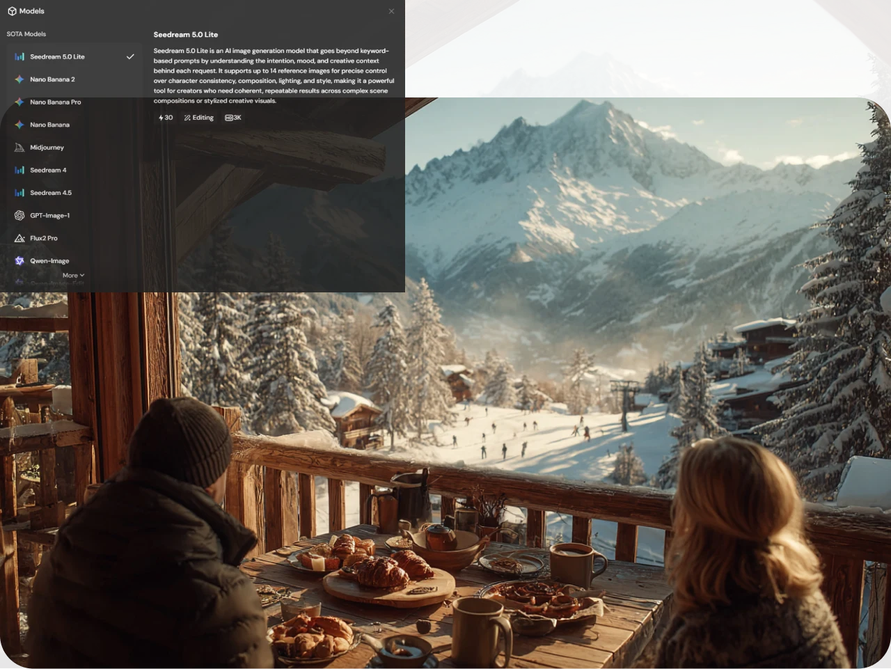 a snowy mountain resort view from a wooden balcony with a couple
