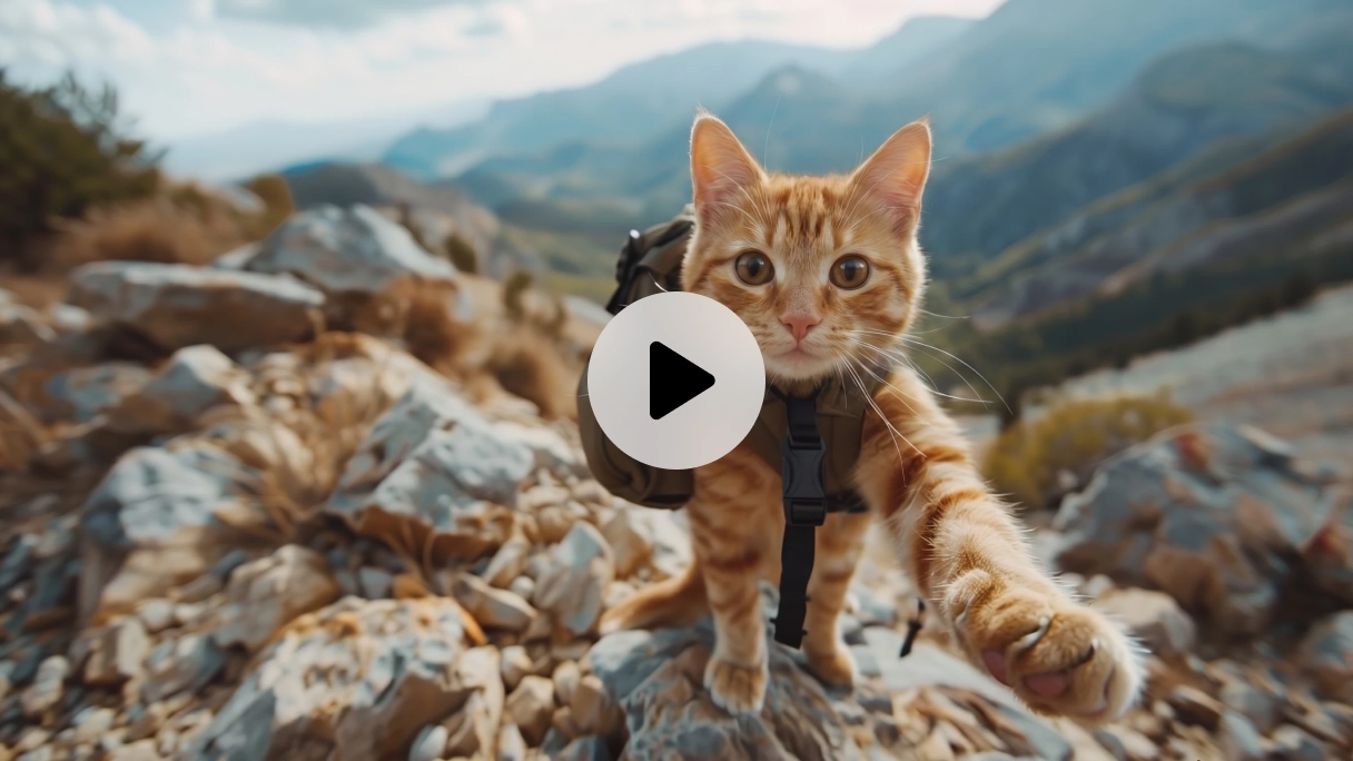 an orange tabby cat wearing a tiny backpack hikes on a rocky mountain trail
