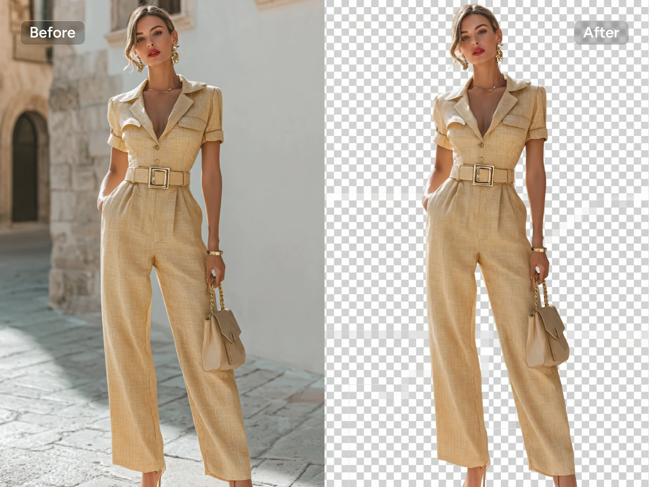 before and after background removal showing a woman in a jumpsuit on a transparent backdrop
