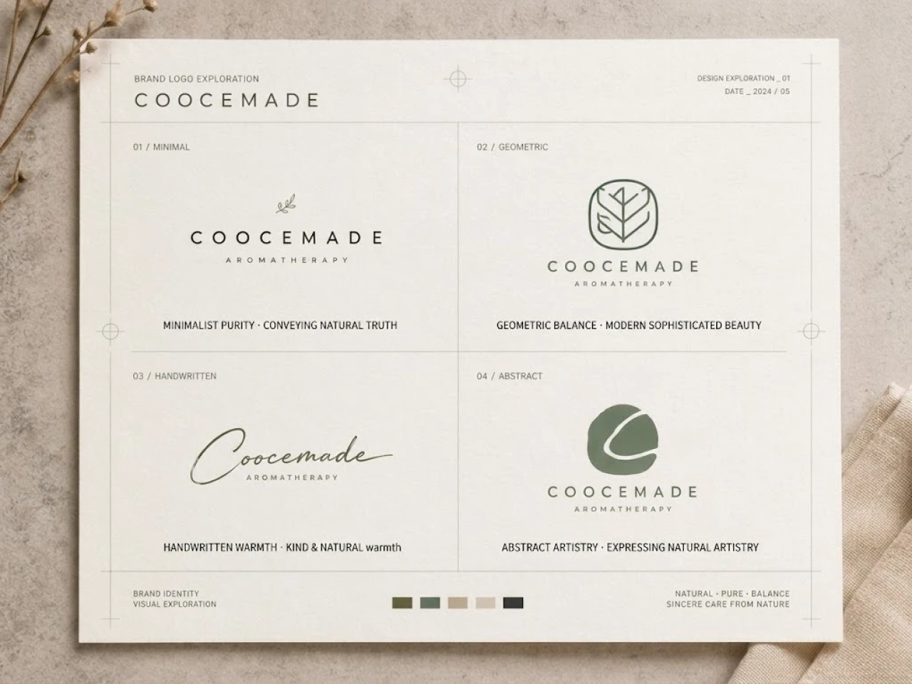 four logo design concepts for COOCEMADE featuring minimal, geometric, handwritten, and abstract styles
