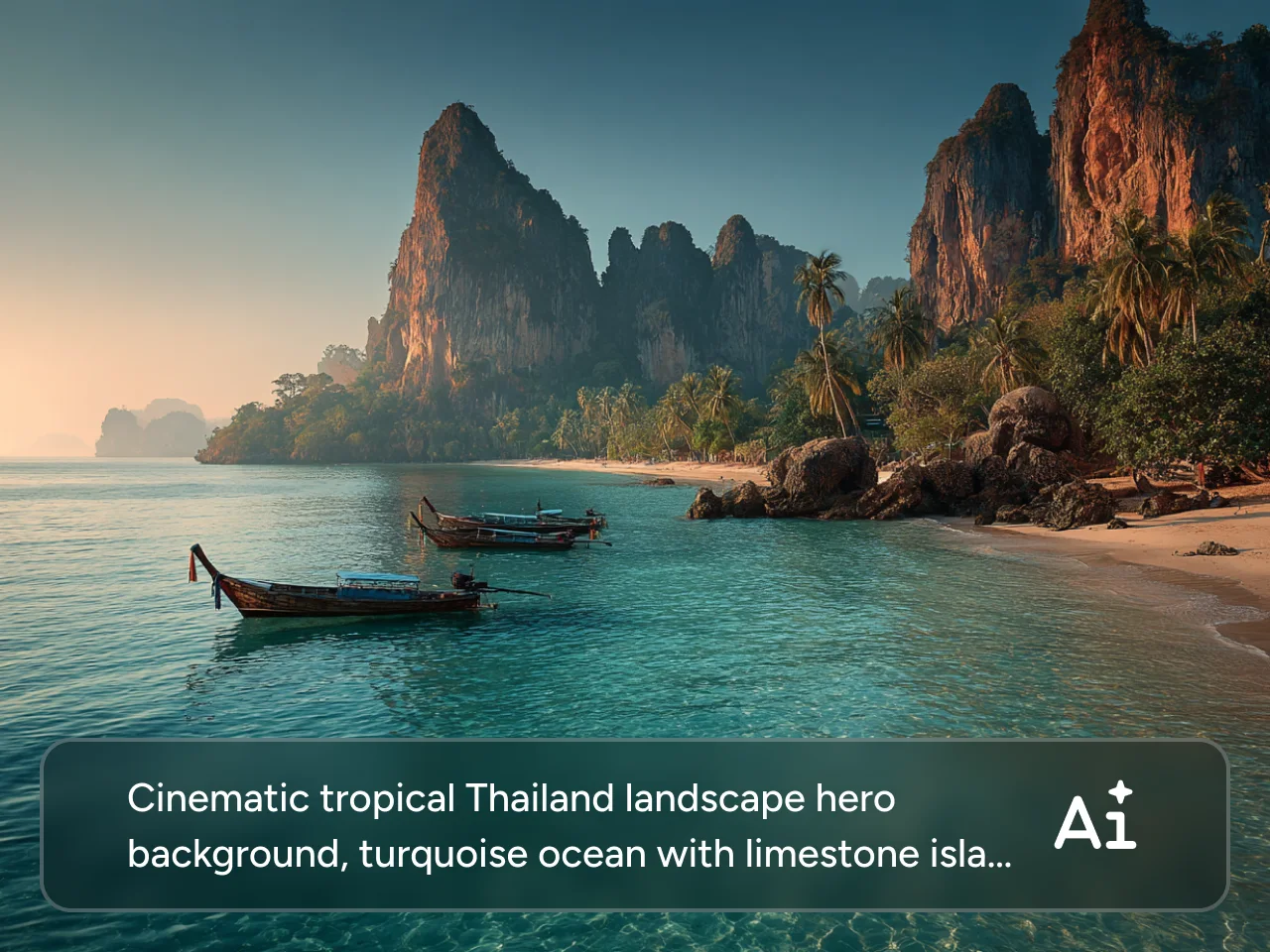 traditional boats on turquoise water with limestone cliffs in a tropical Thai landscape
