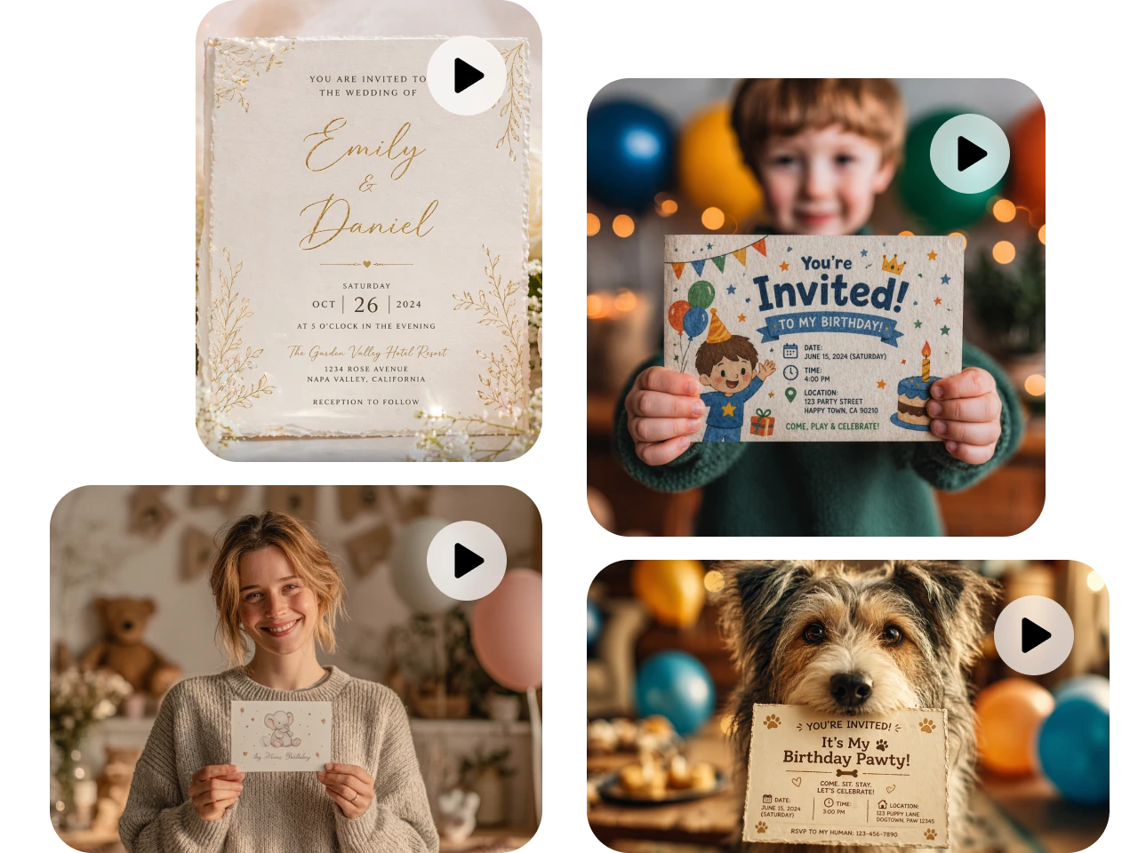 Invitaciones en video generadas con IA de varios tipos