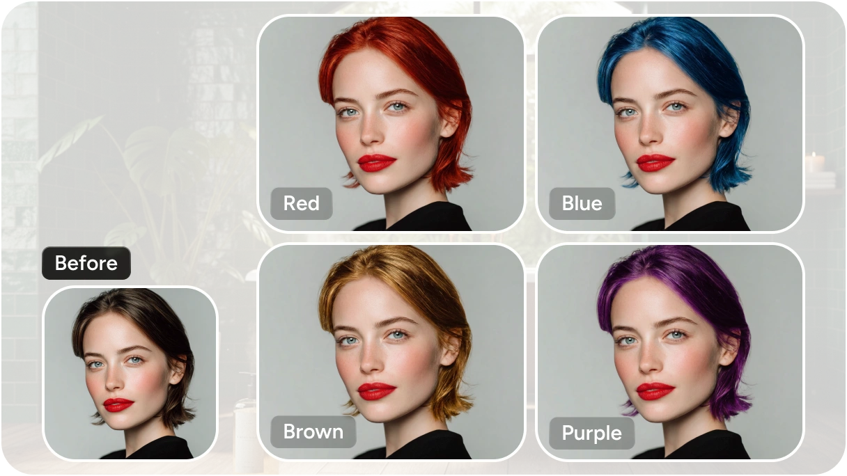 Before and after comparison of a woman's hair color in red, blue, brown, and purple options.
