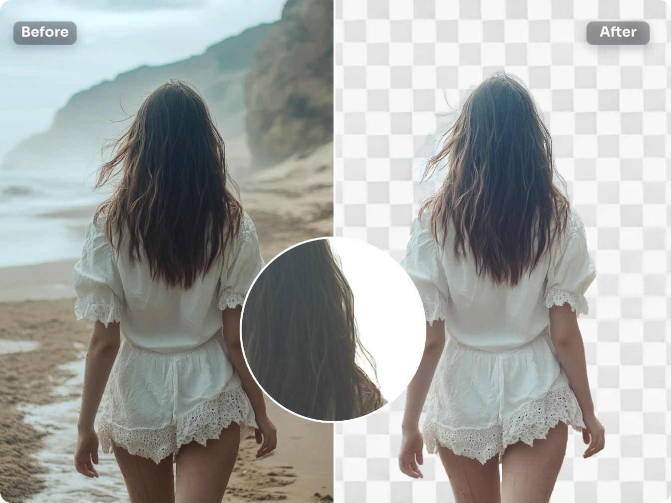 restauración de detalles del cabello tras la eliminación de fondo