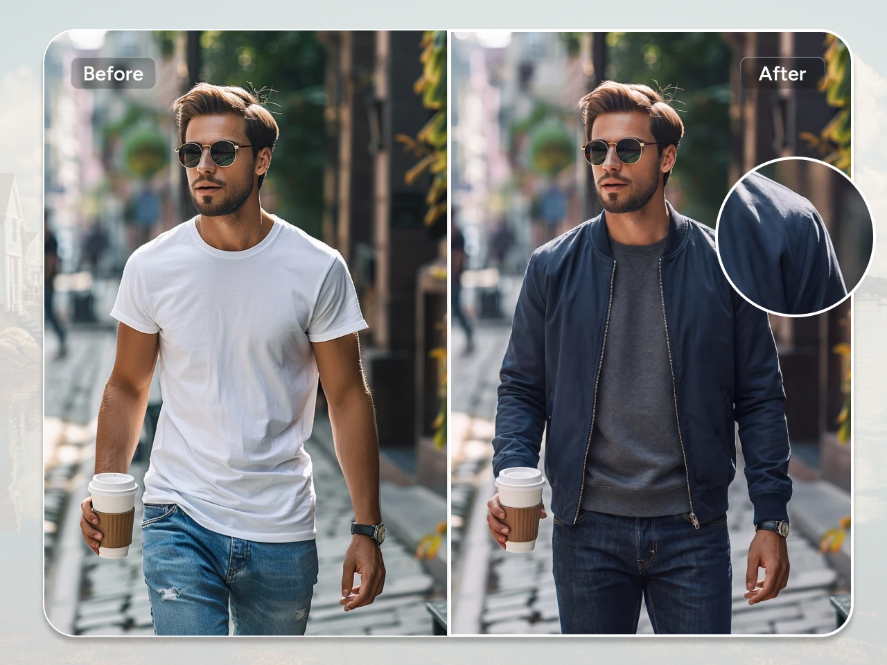 before and after transformation of a man holding a coffee