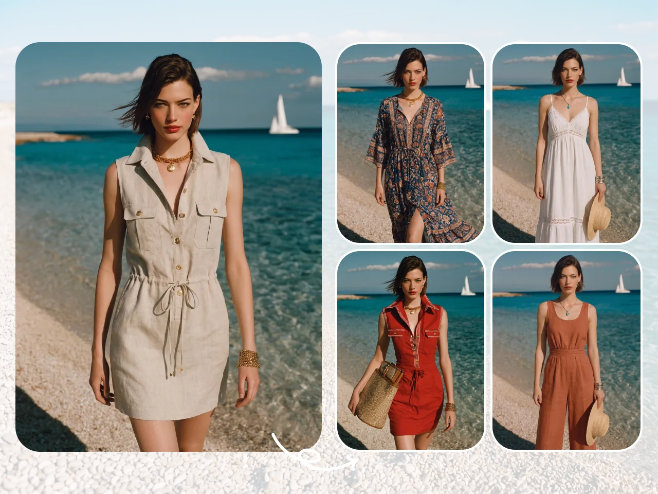 various outfits created using AI-powered clothing transformation