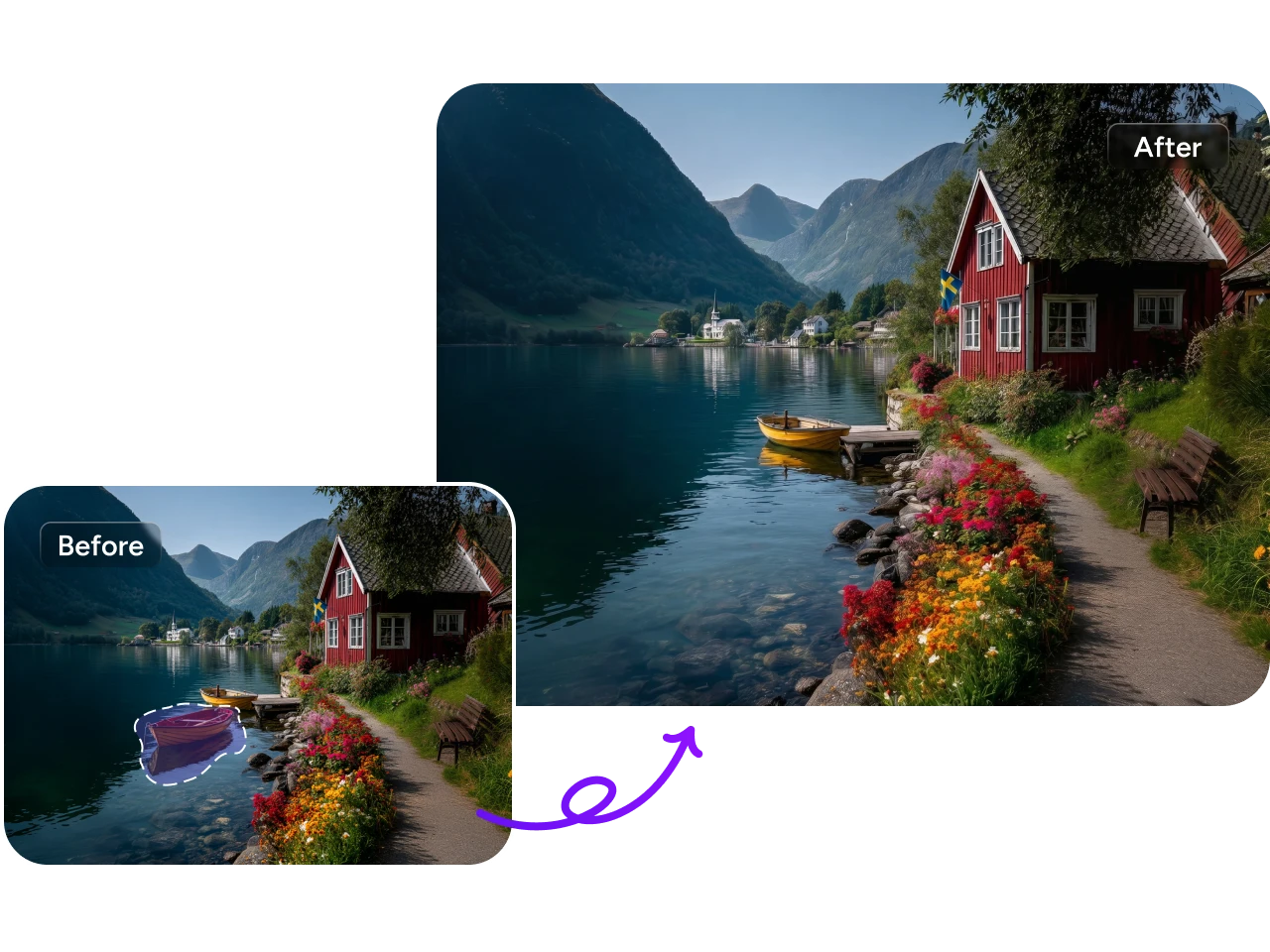 A boat is removed from a lake, with a purple arrow indicating the edit.
