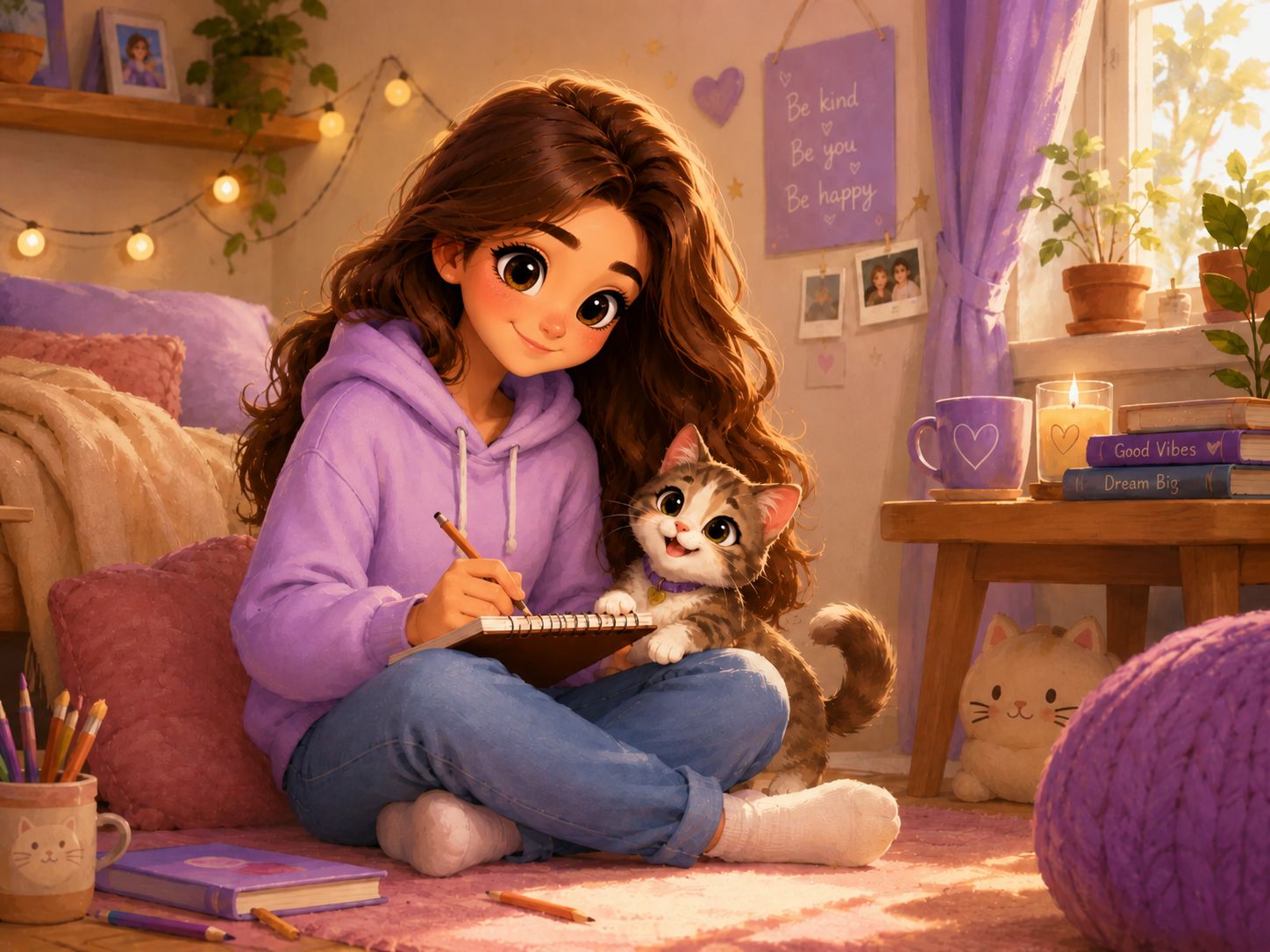 a cute female cartoon character with her cat