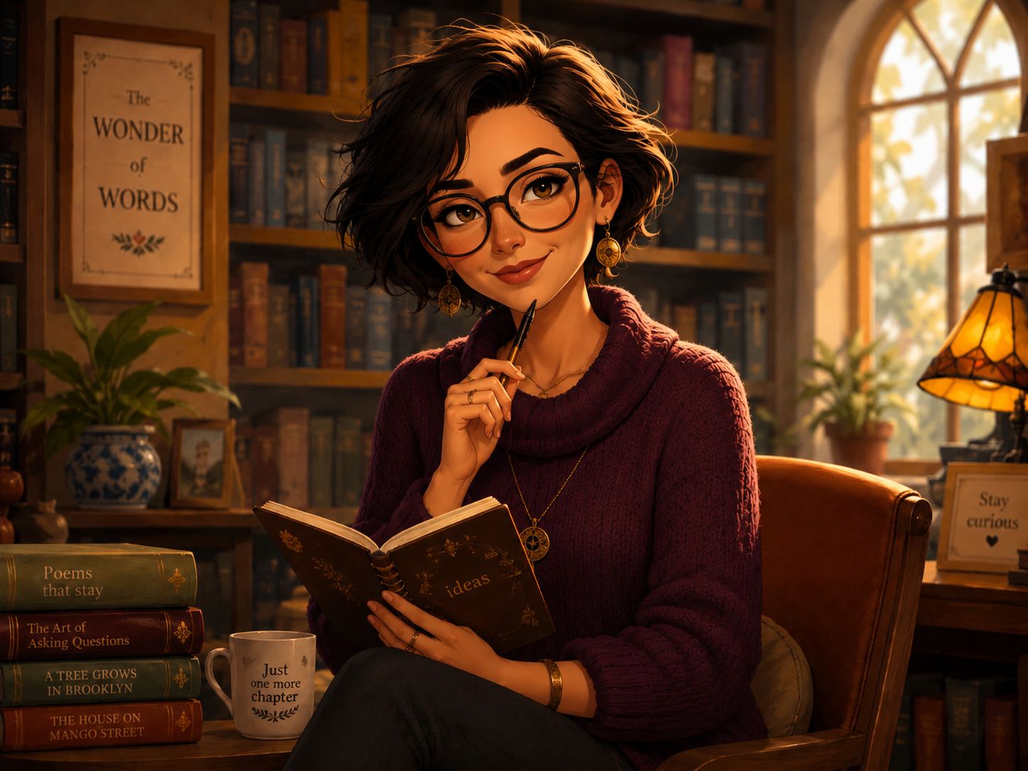 a smart female cartoon character with round glasses