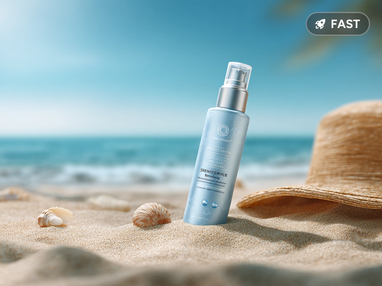 a blue sunscreen bottle on a sandy beach