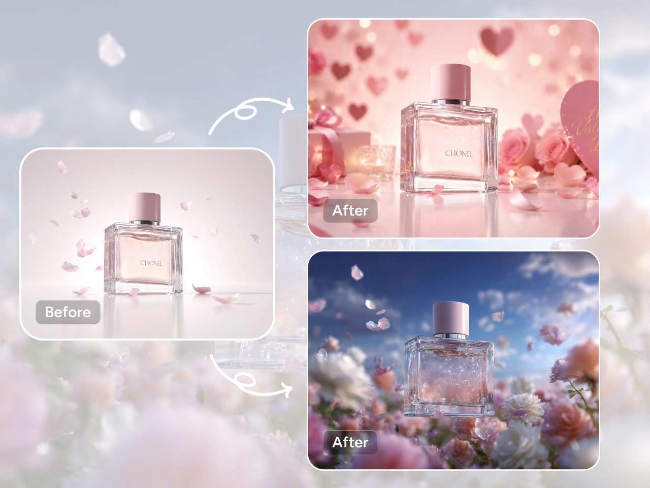 before and after of ai generated perfume backgrounds