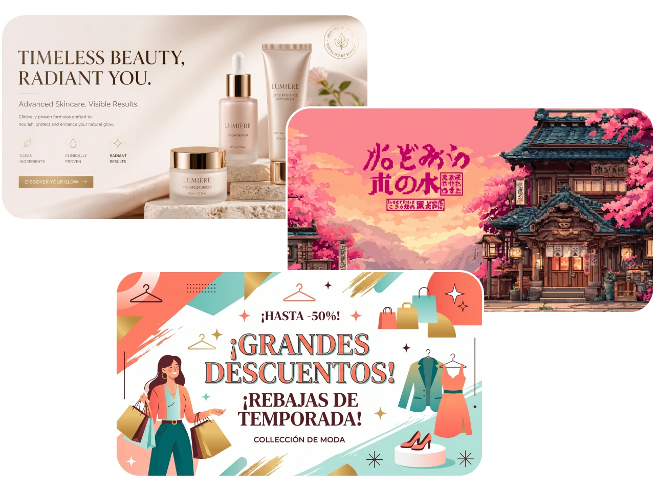 AI-generated banner images in various languages and styles