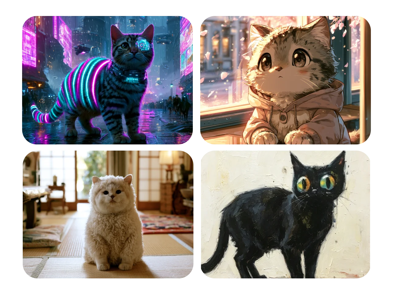 a collection of ai cat images in various styles