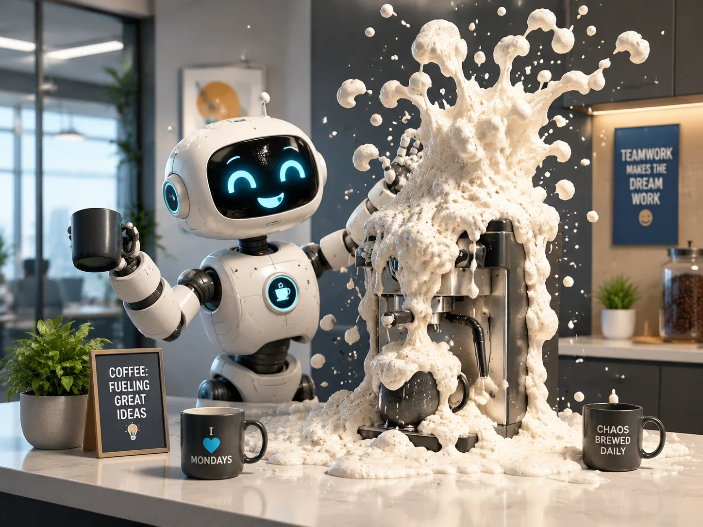 a cheerful robot trying to make coffee in a modern office kitchen