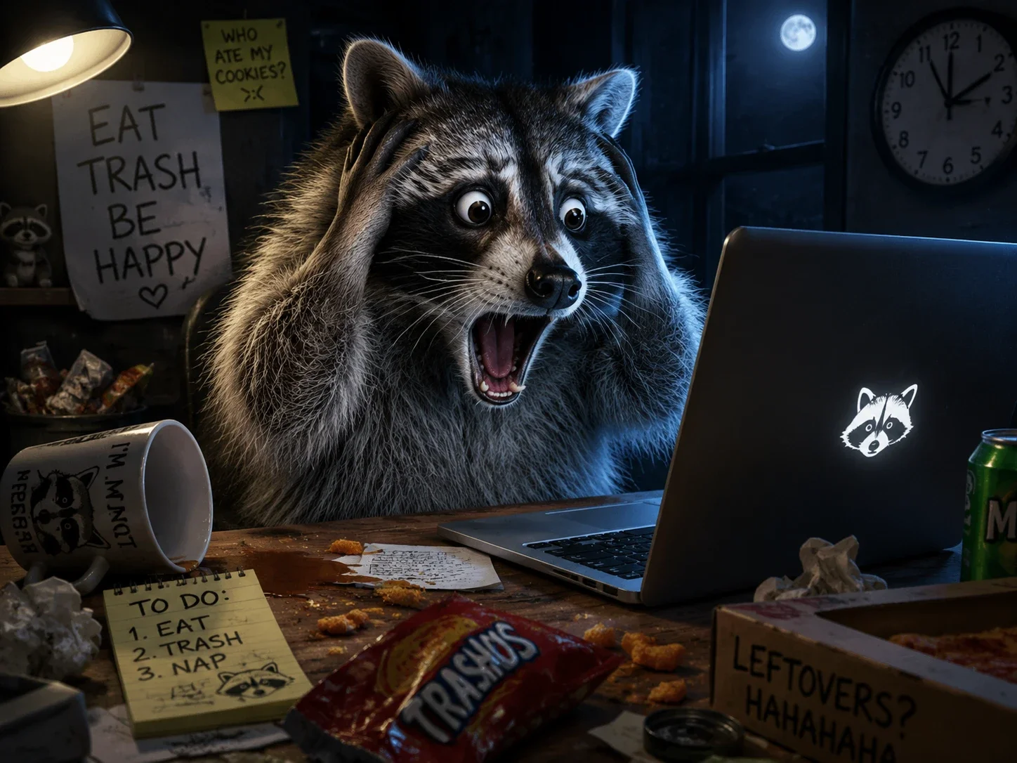 a raccoon staring at a laptop with complete shock