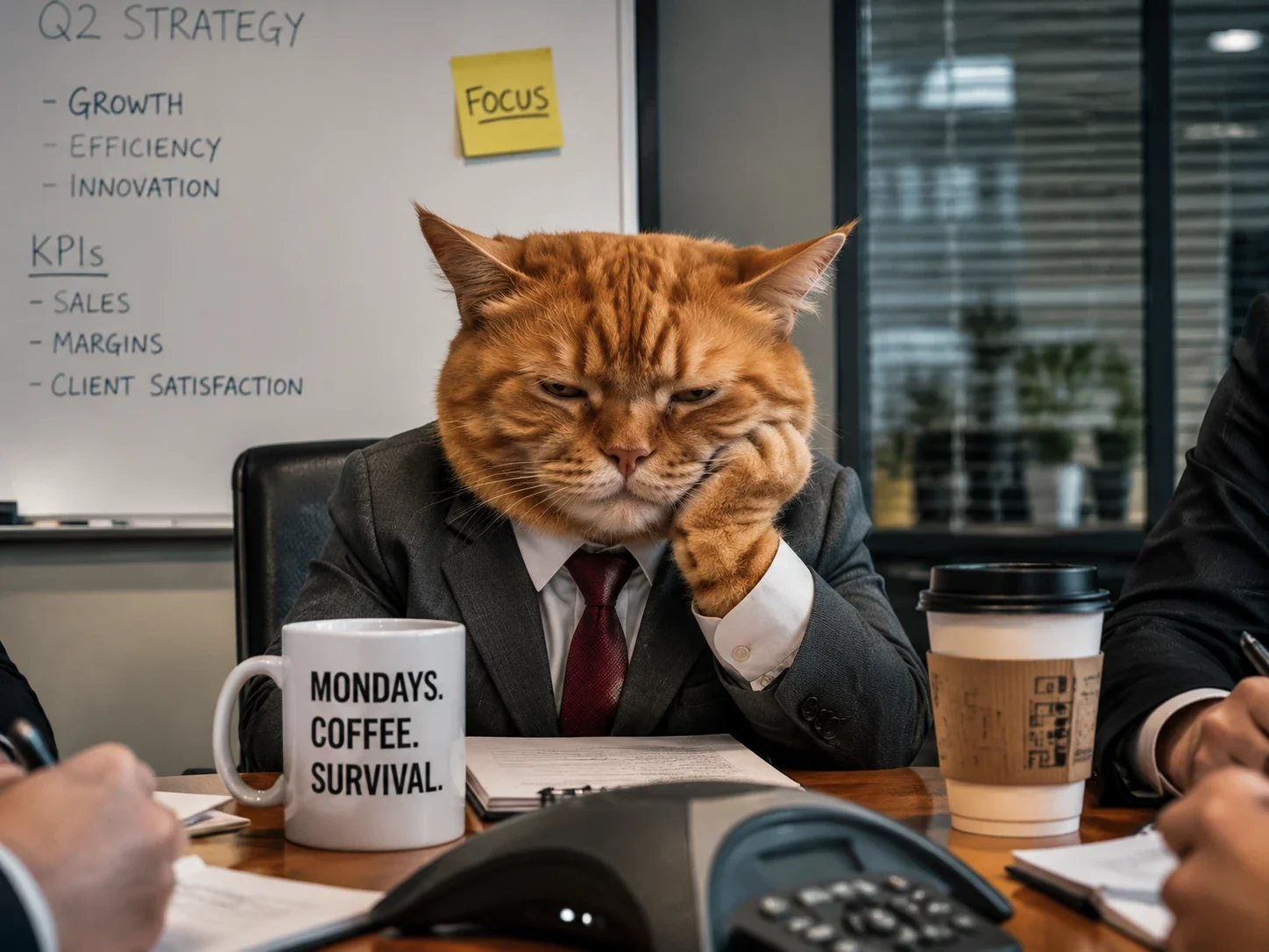 a serious orange cat wearing a business suit