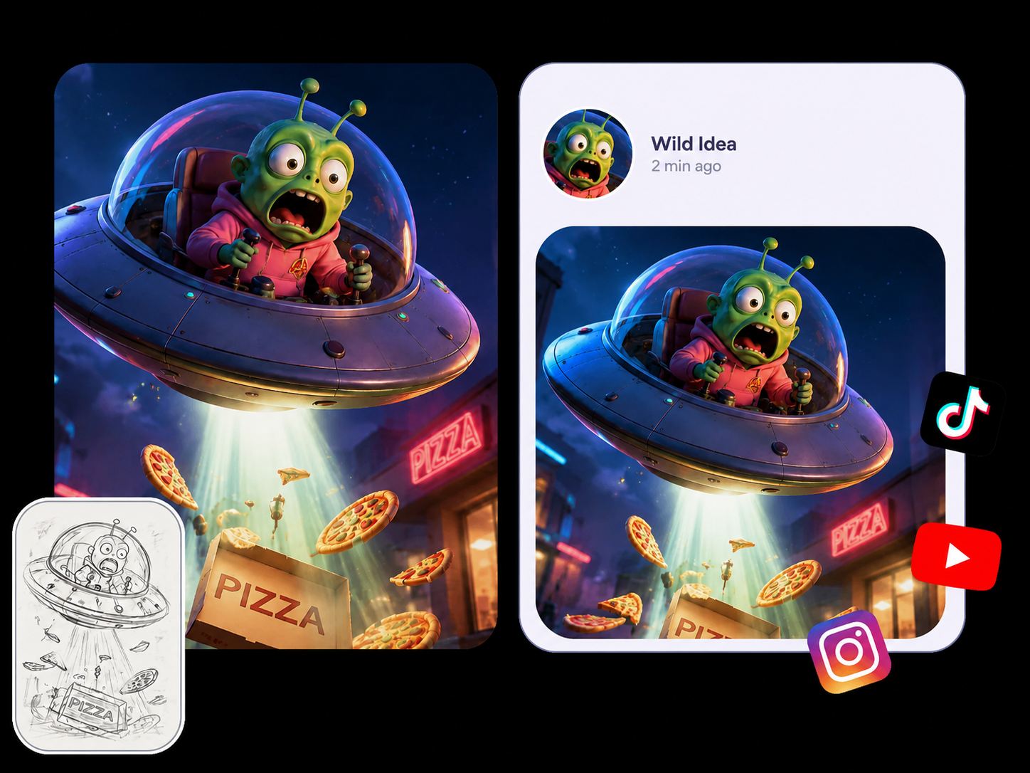 a humorous ai image of an alien delivering pizza