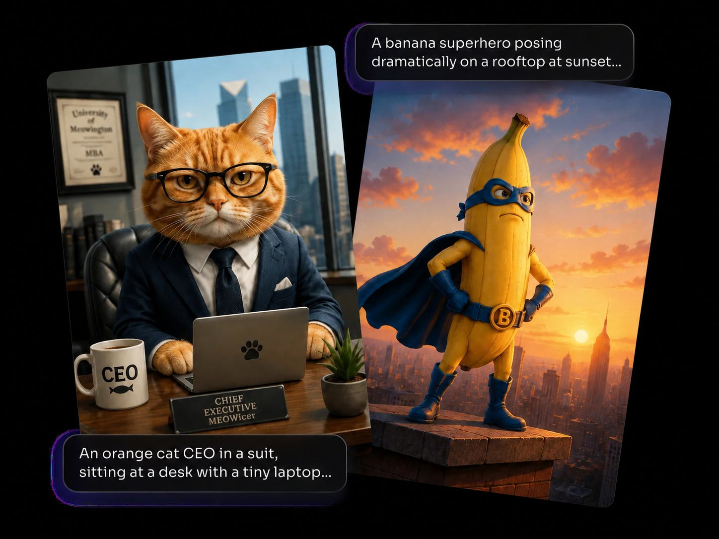 an ai meme featuring a cat boss and a banana superhero