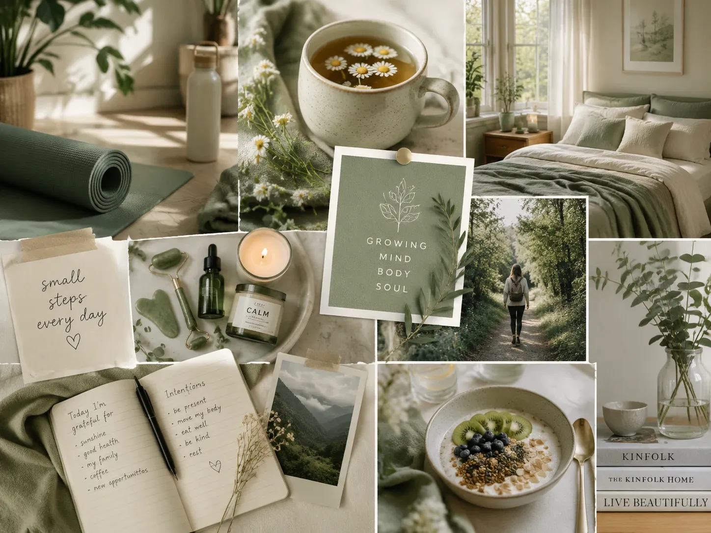 a wellness and balance vision board collage with a yoga mat