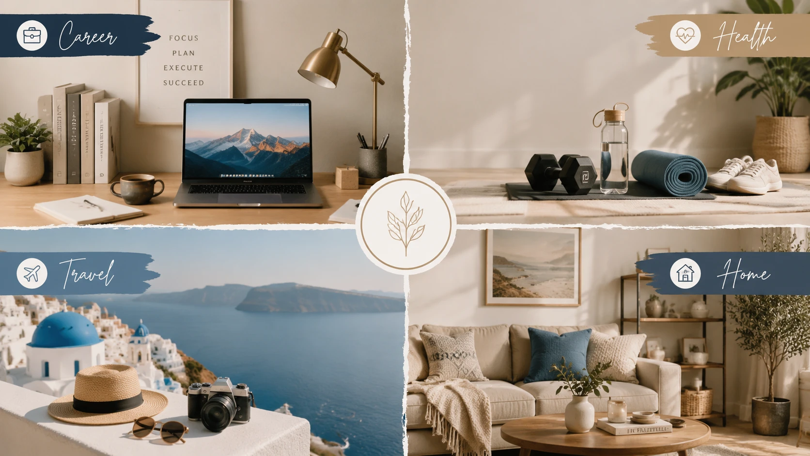 a 16:9 desktop wallpaper vision board with four clean sections for career