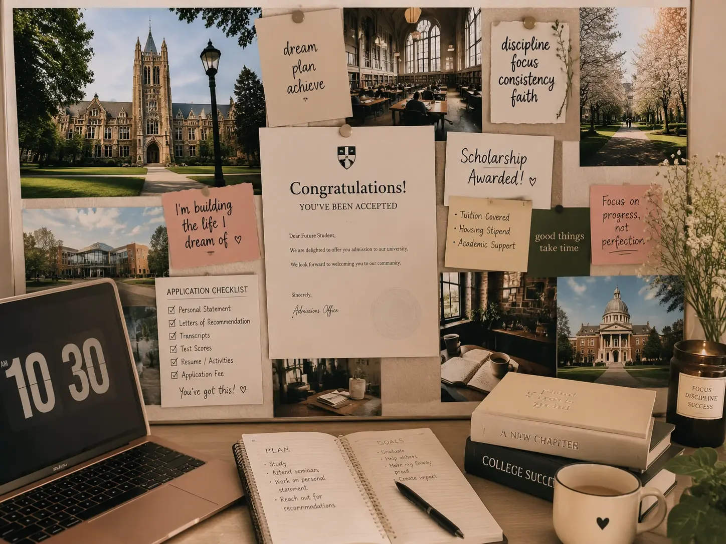a dream school vision board collage with a beautiful university campus