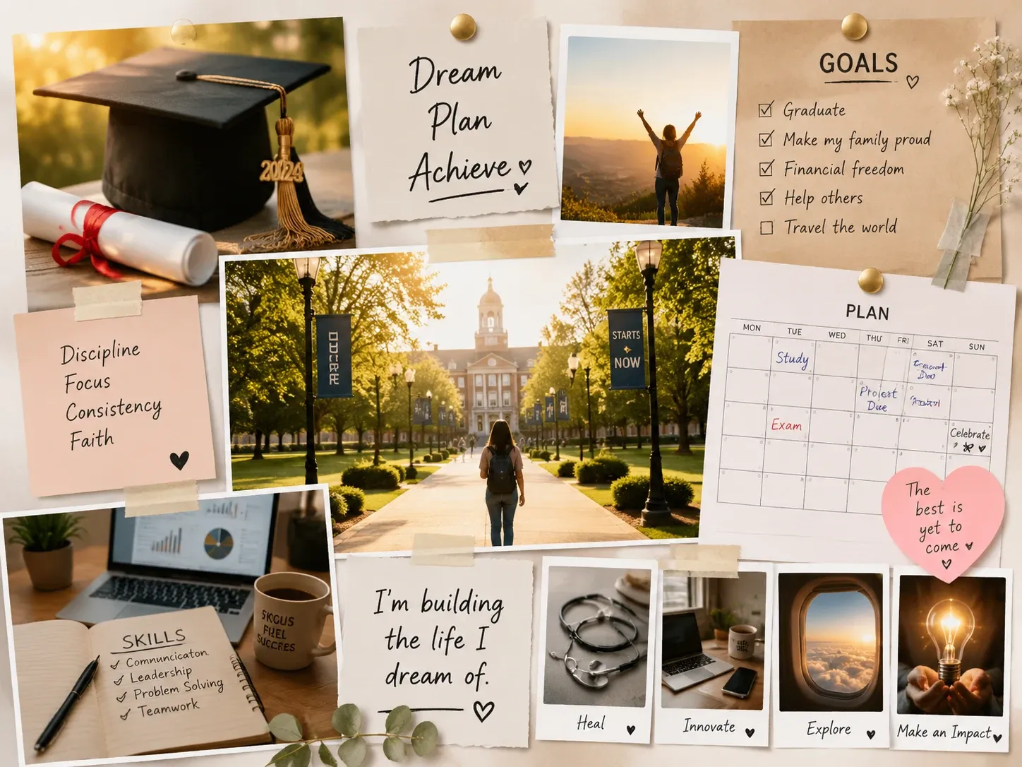a graduation goal vision board collage with a graduation cap