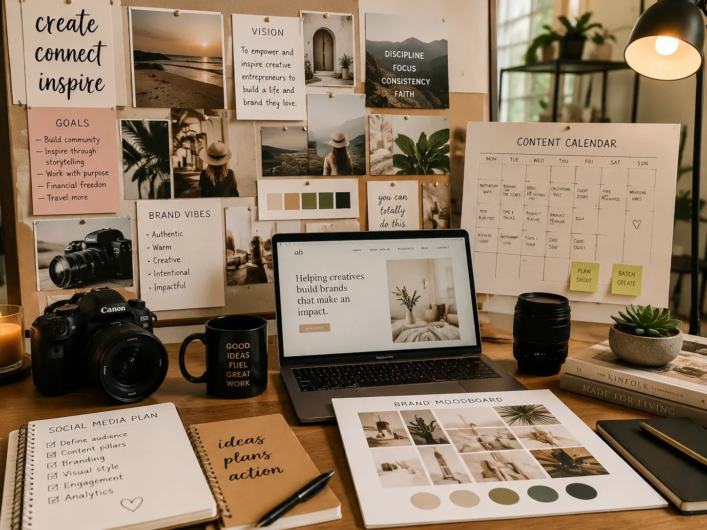 a personal brand vision board collage with a camera