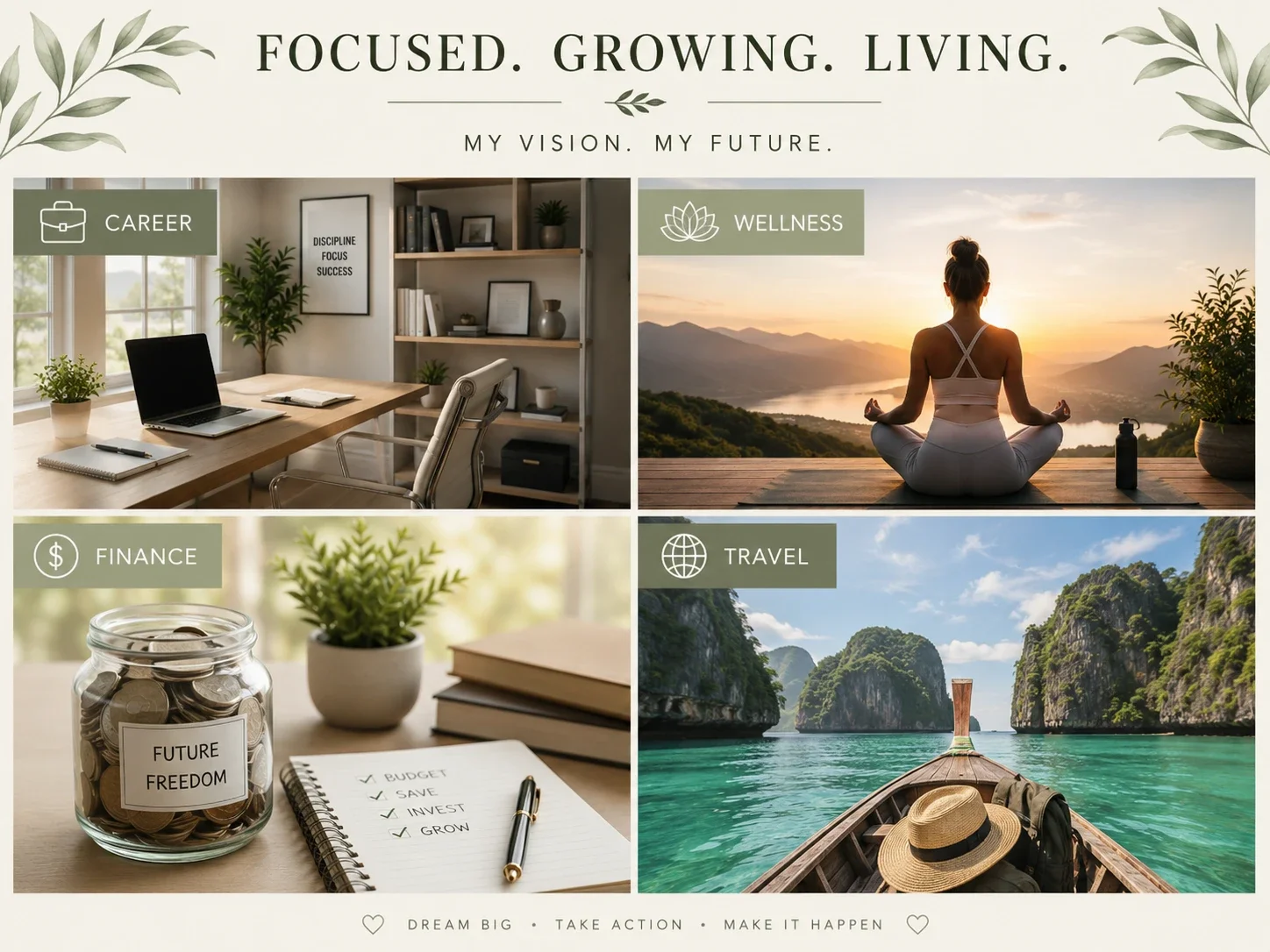 a printable vision board poster with clear sections for career,