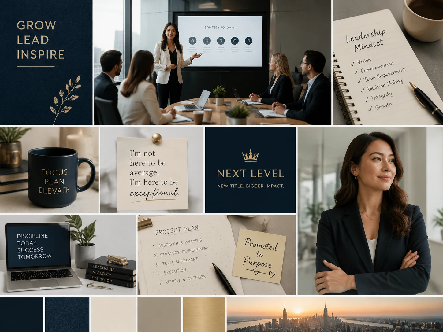 a promotion vision board collage with a modern meeting room