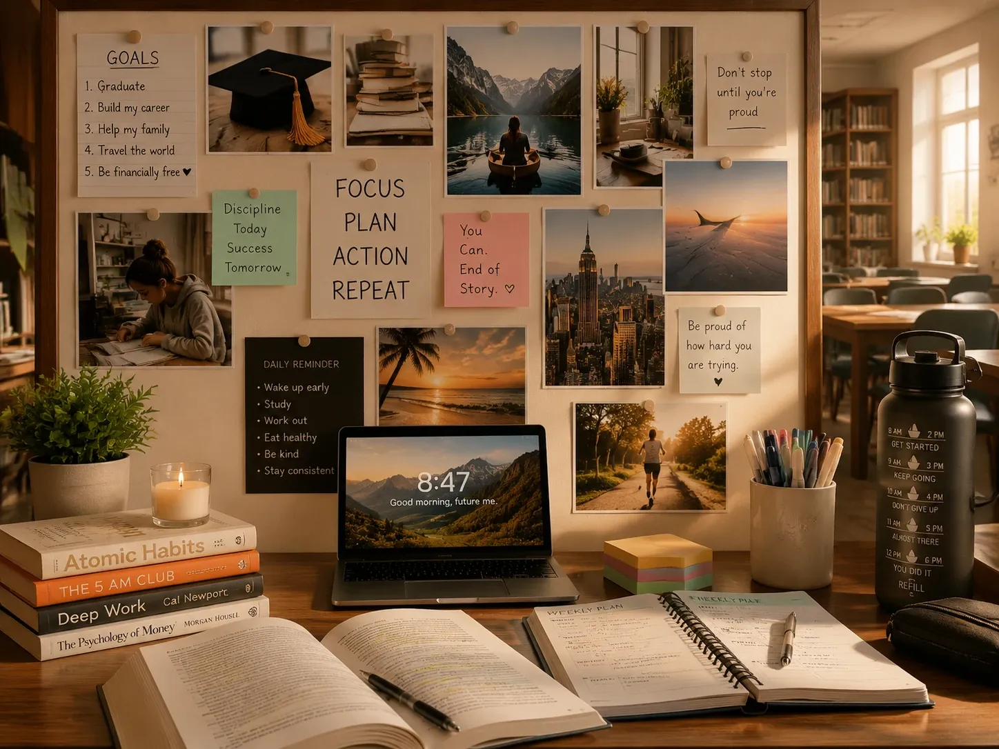 a realistic student vision board collage with a clean study desk