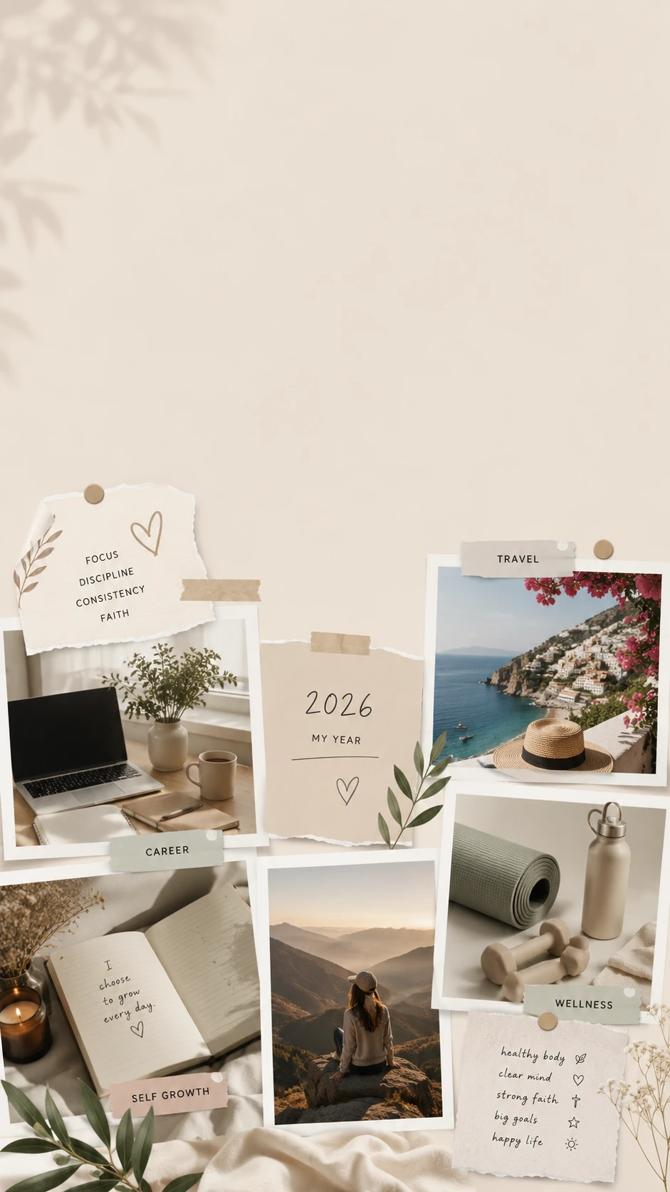 a vertical 9:16 digital vision board phone wallpaper for 2026 goals