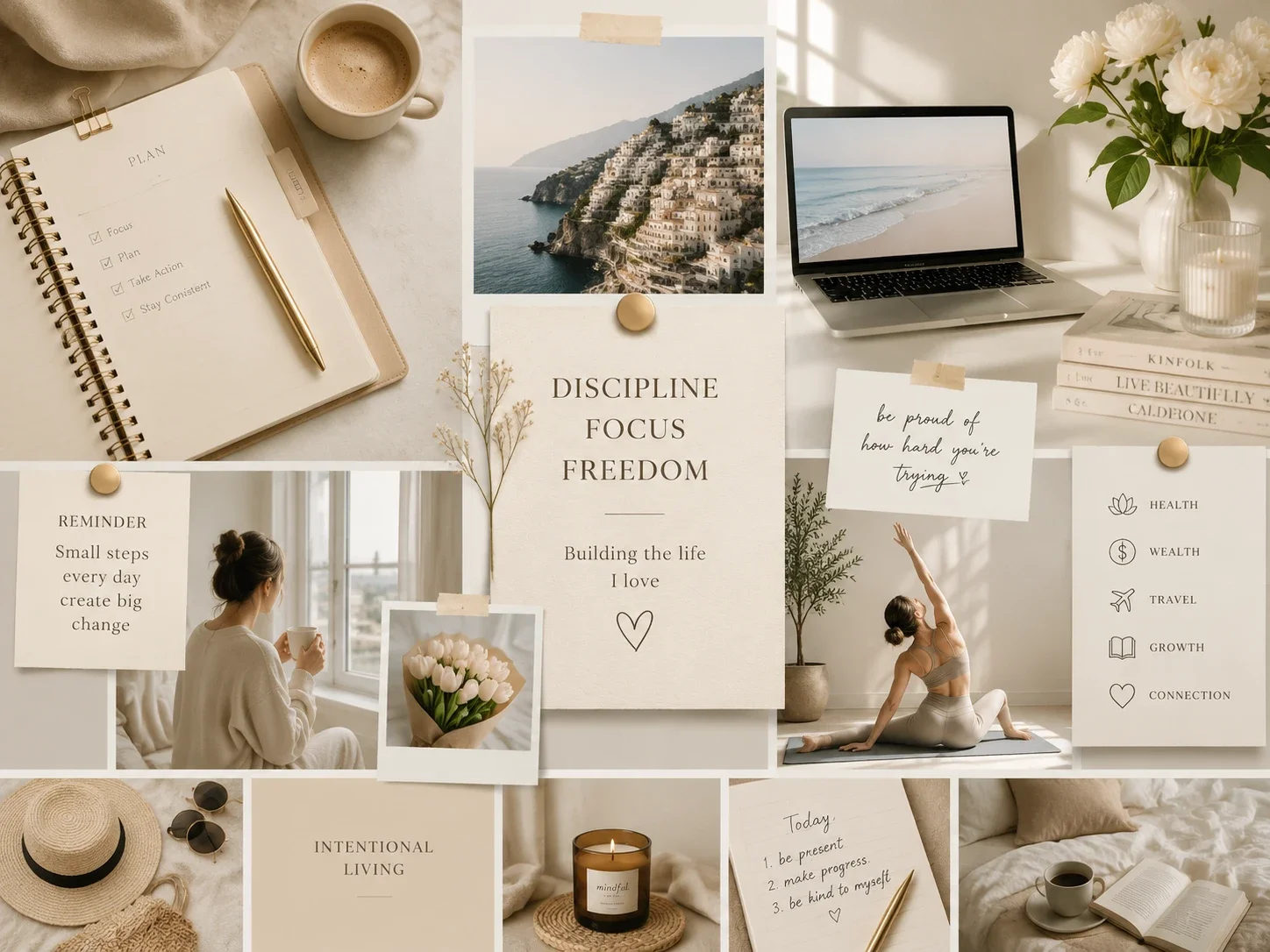 a wide horizontal Notion-style vision board banner with planner