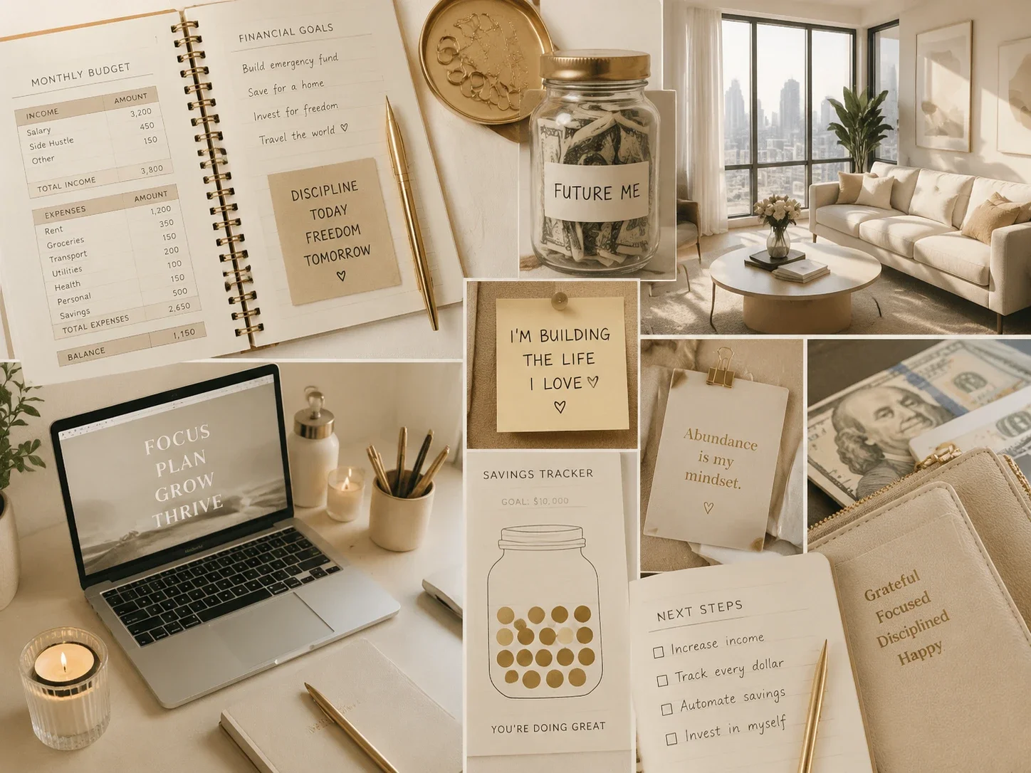 an adult life reset vision board collage with a tidy home