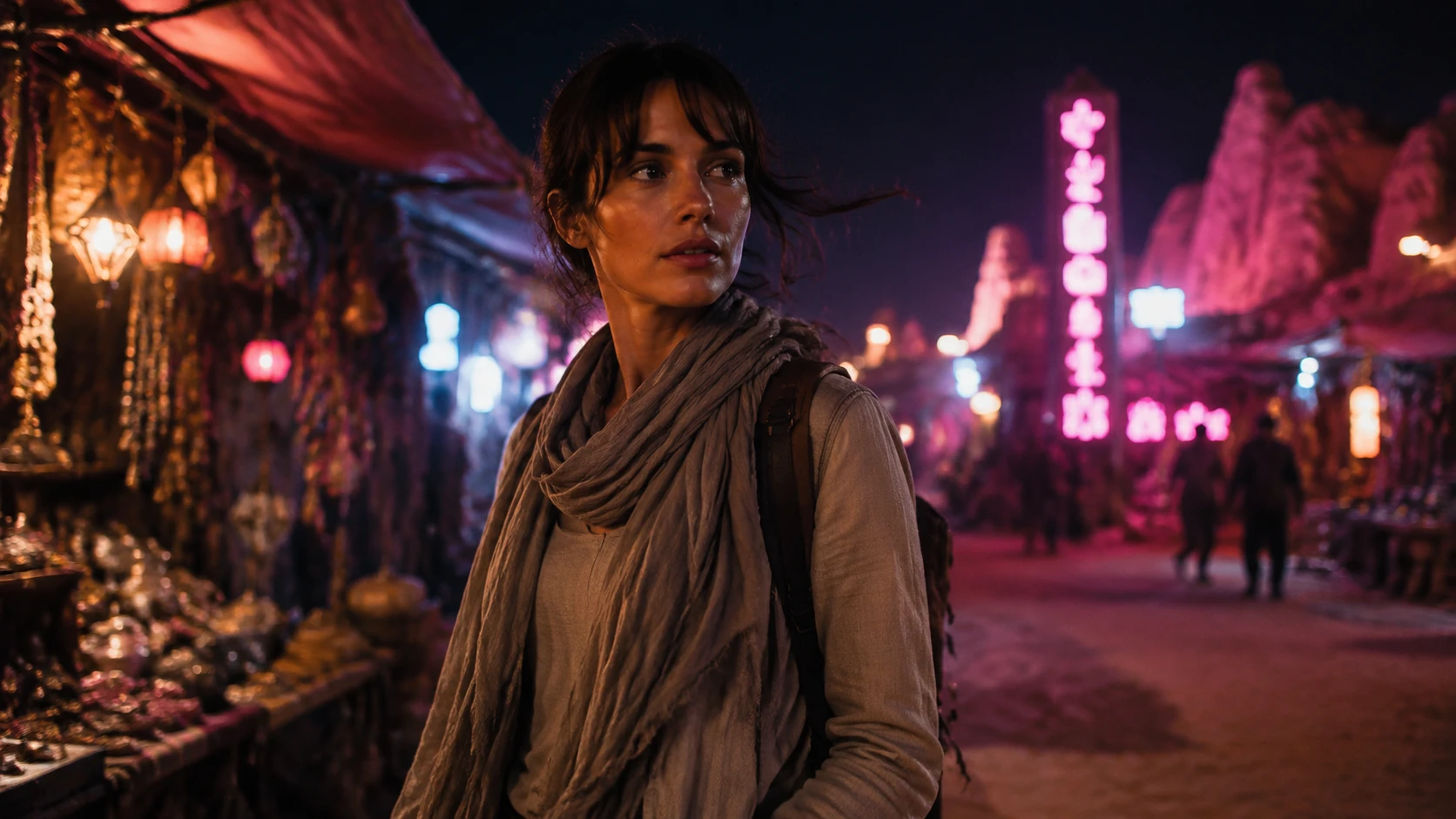a realistic young explorer standing in a neon desert market at night