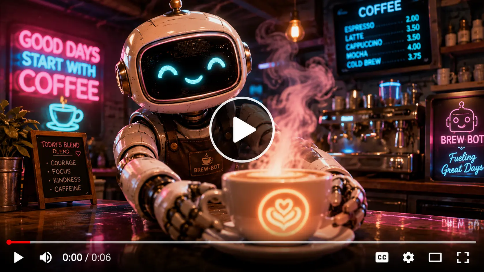 a tiny robot barista slides a glowing coffee cup toward the camera