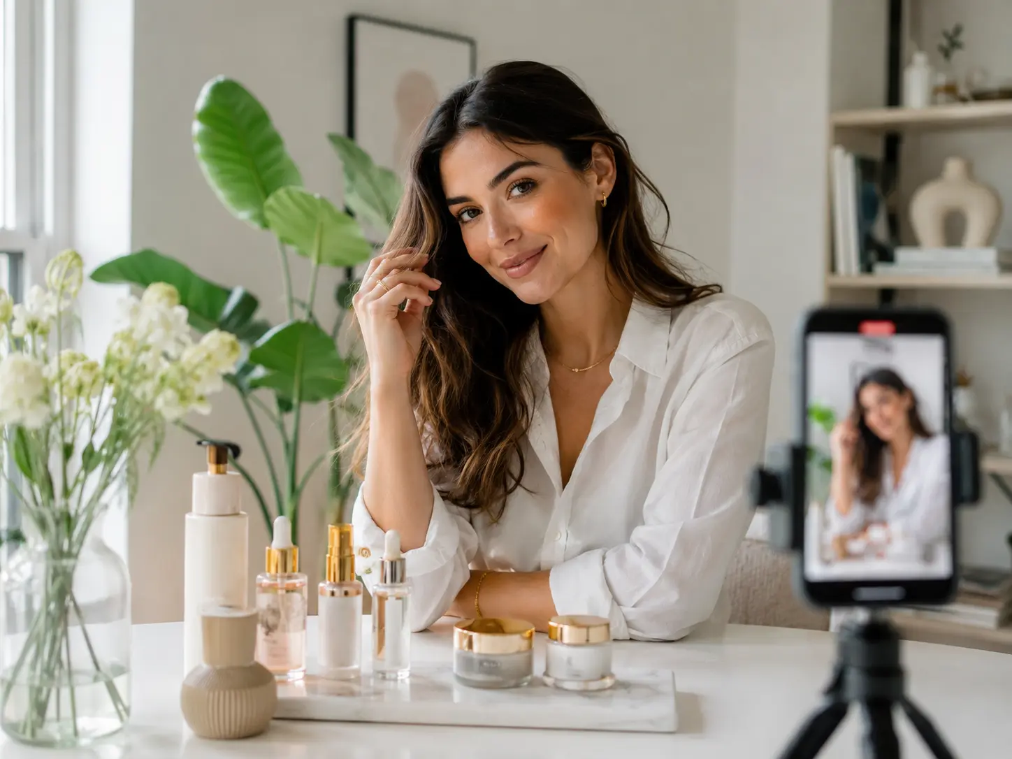 ai generated image of a model showcasing a product while facing a camera