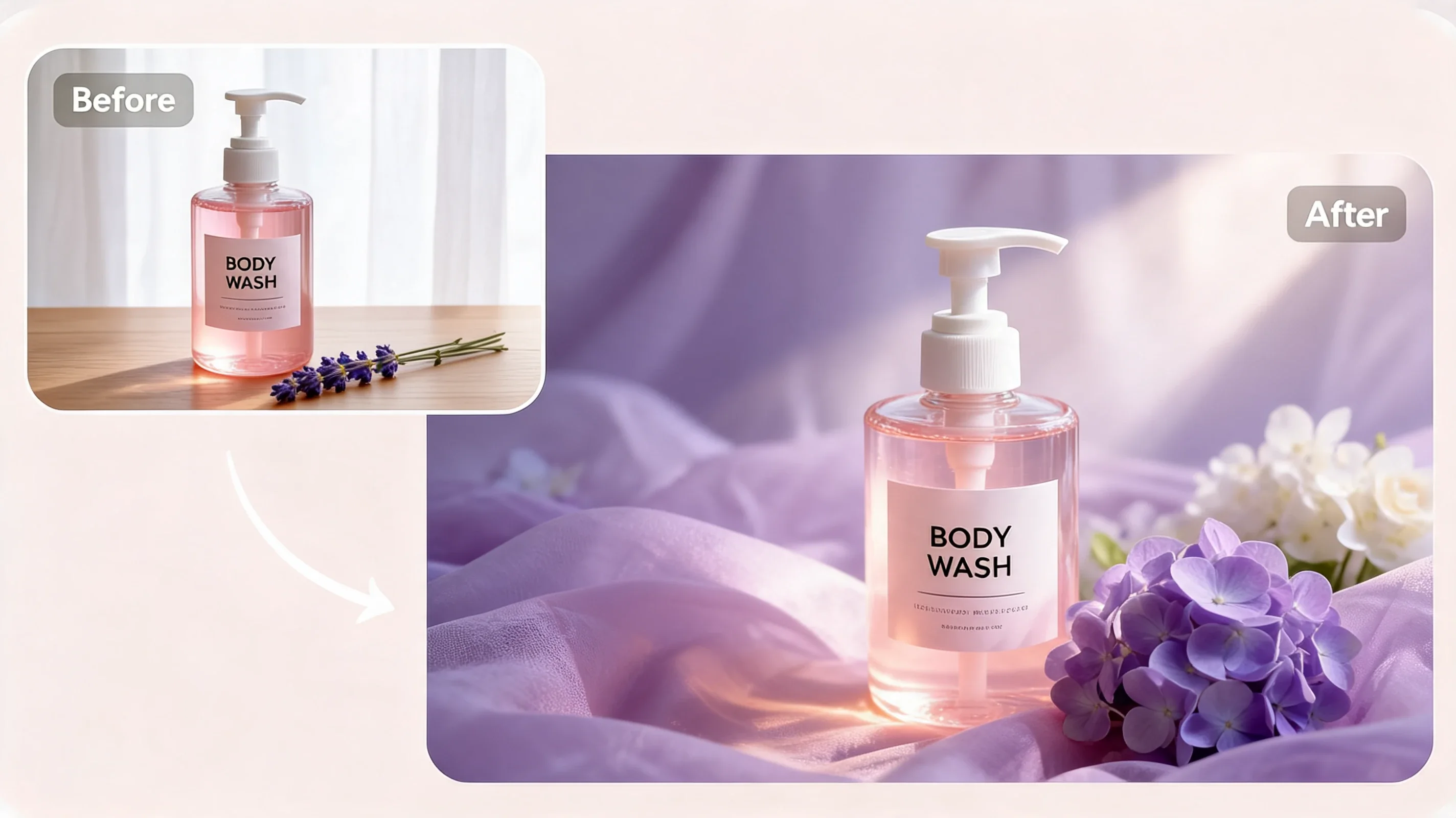 before and after comparison of a pink body wash bottle being edited from a plain wooden table to a professional floral background