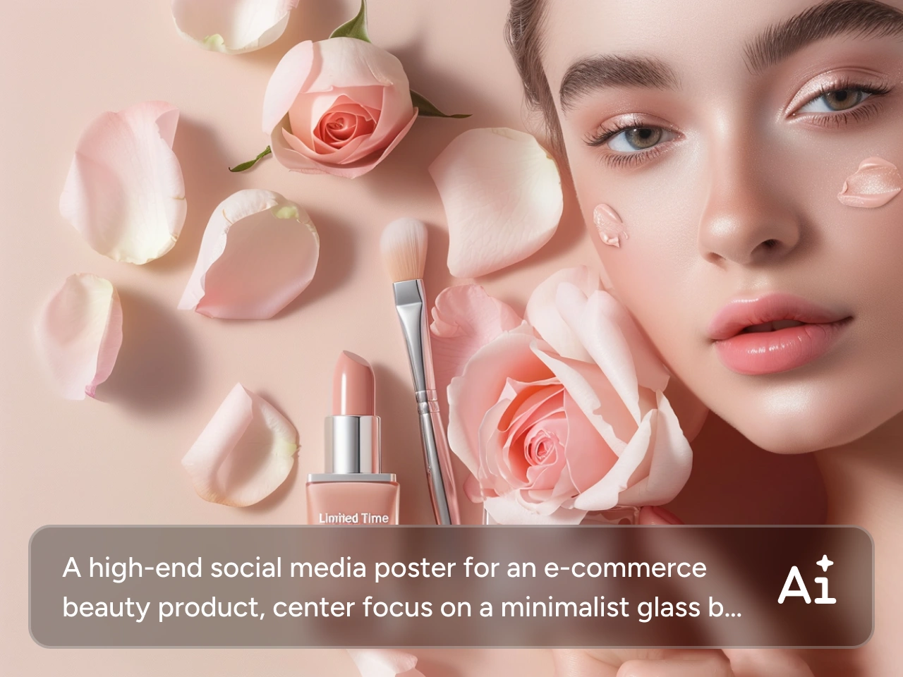 a cosmetics social media poster featuring a woman's face surrounded by pink roses and makeup tools
