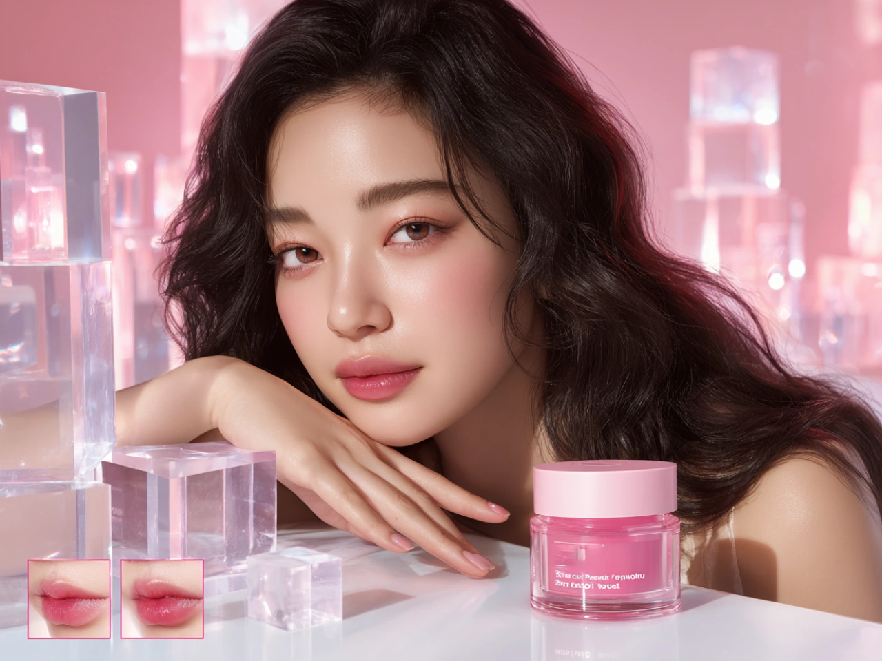 a woman with pink cosmetics jar against a crystal background