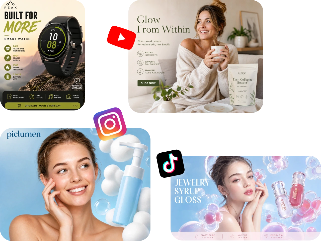 four digital advertisement banners for lifestyle and beauty products
