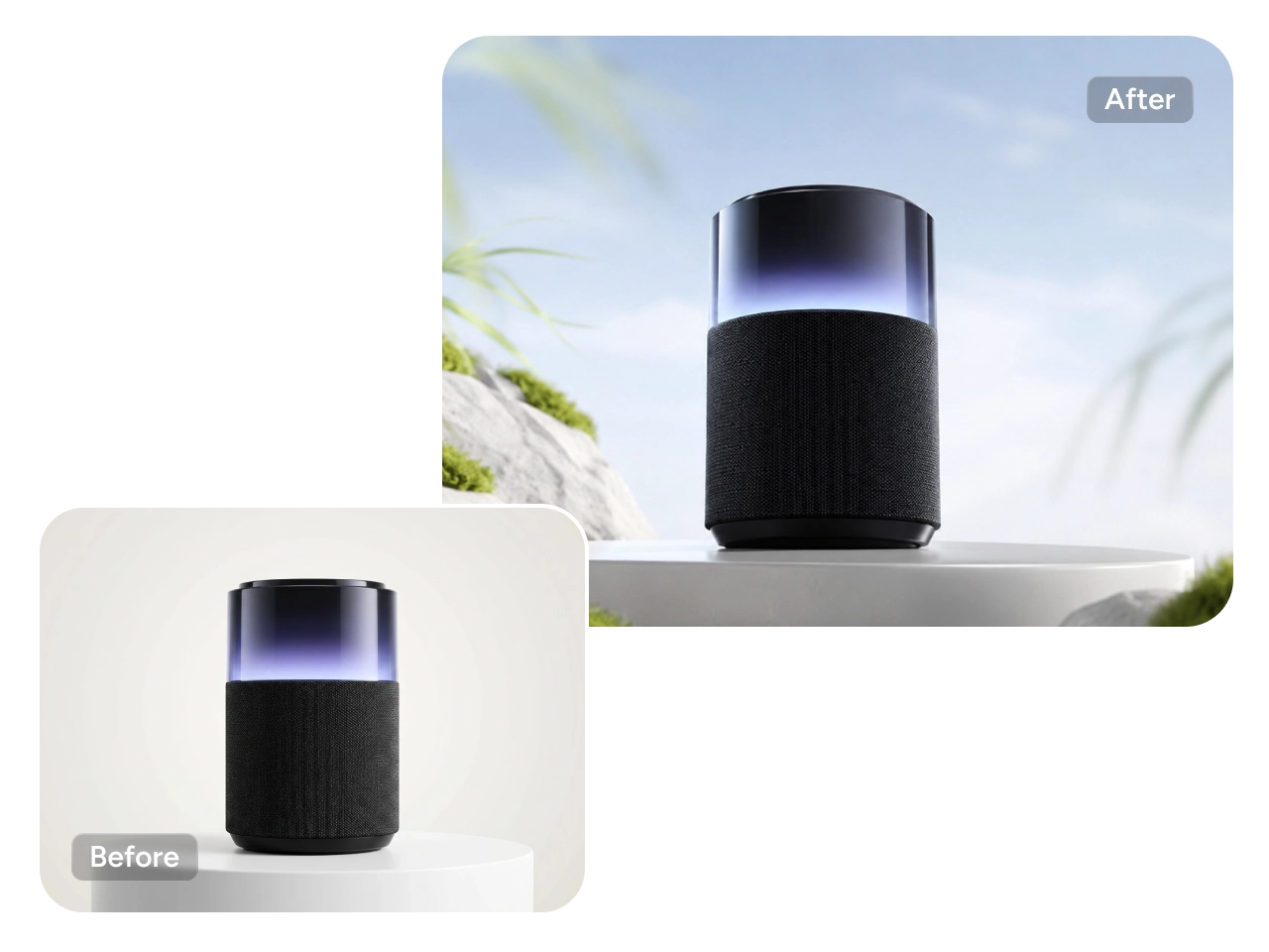 before and after background change for a black smart speaker
