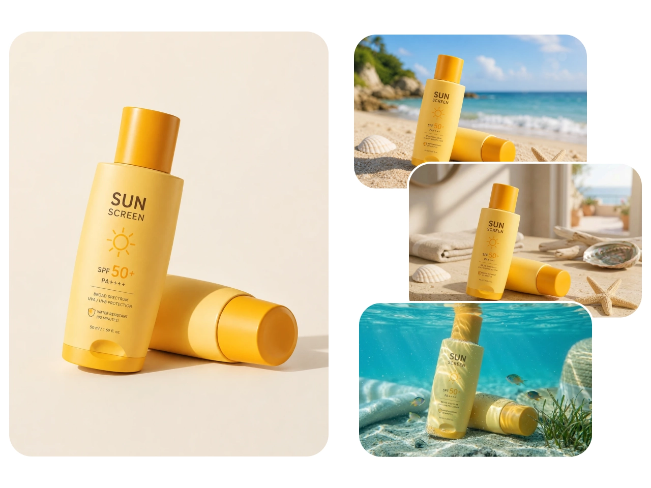 yellow sunscreen bottles shown in various beach and underwater backgrounds