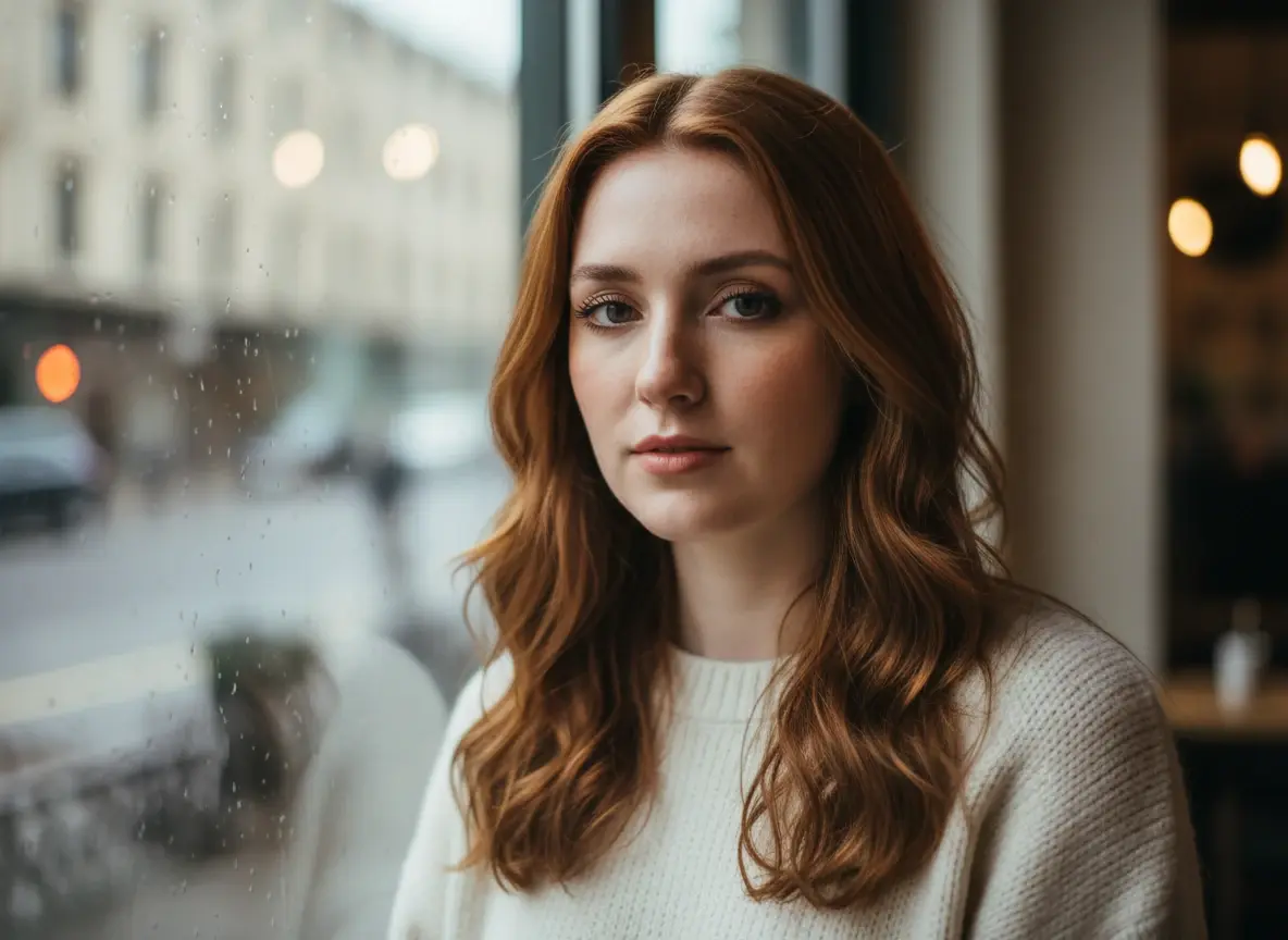 A candid close-up portrait of a young woman standing by a café window